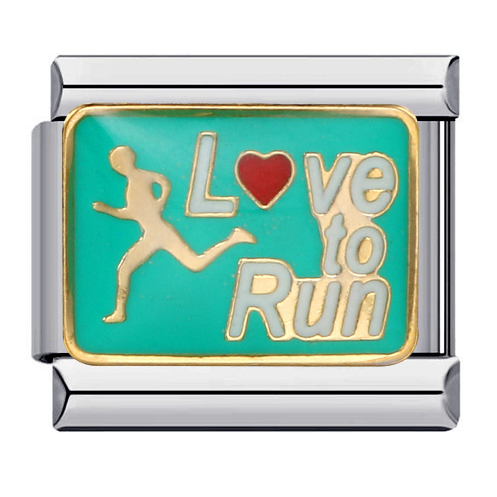 Love to Run Italian Charm featuring a gold runner silhouette, red heart, and Love to Run lettering on a turquoise enamel background with gold trim, mounted on a silver stainless steel Italian charm bracelet link.