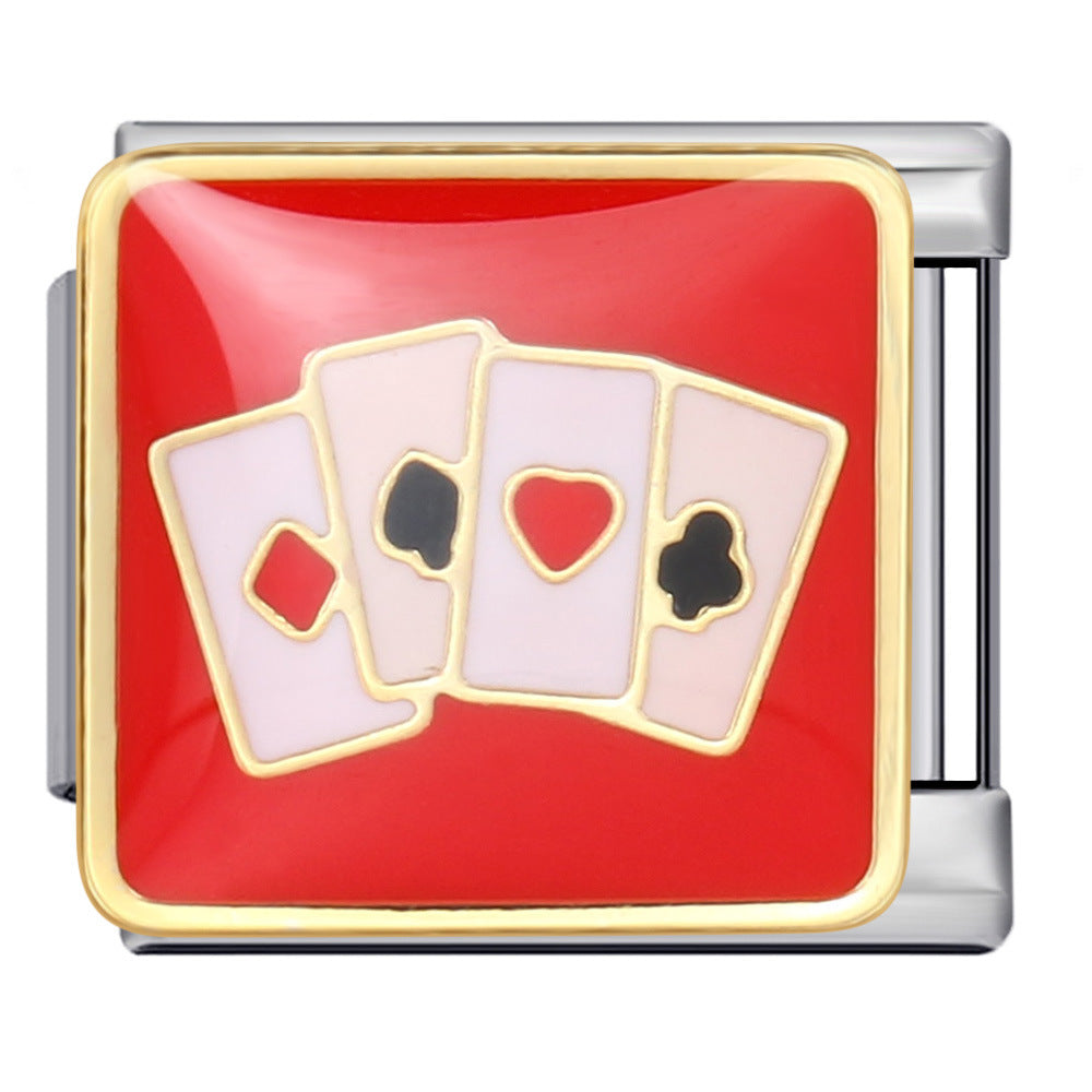 A square charm link featuring a red enamel face with four fanned-out playing cards outlined in gold, set in a silver-toned metal frame.