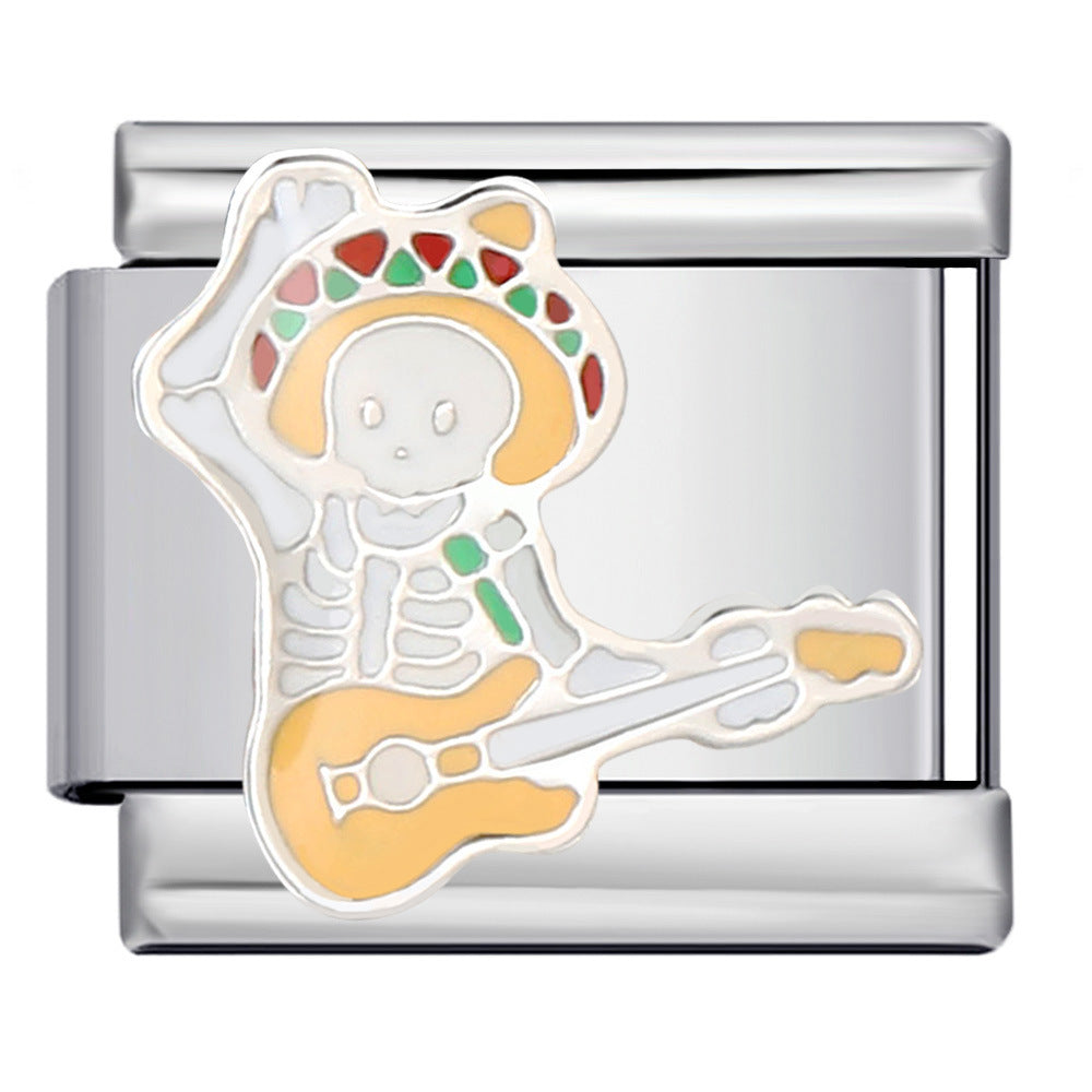 Silver-toned Italian charm link with a white skeleton playing the guitar with a yellow, red and green sombrero on. 