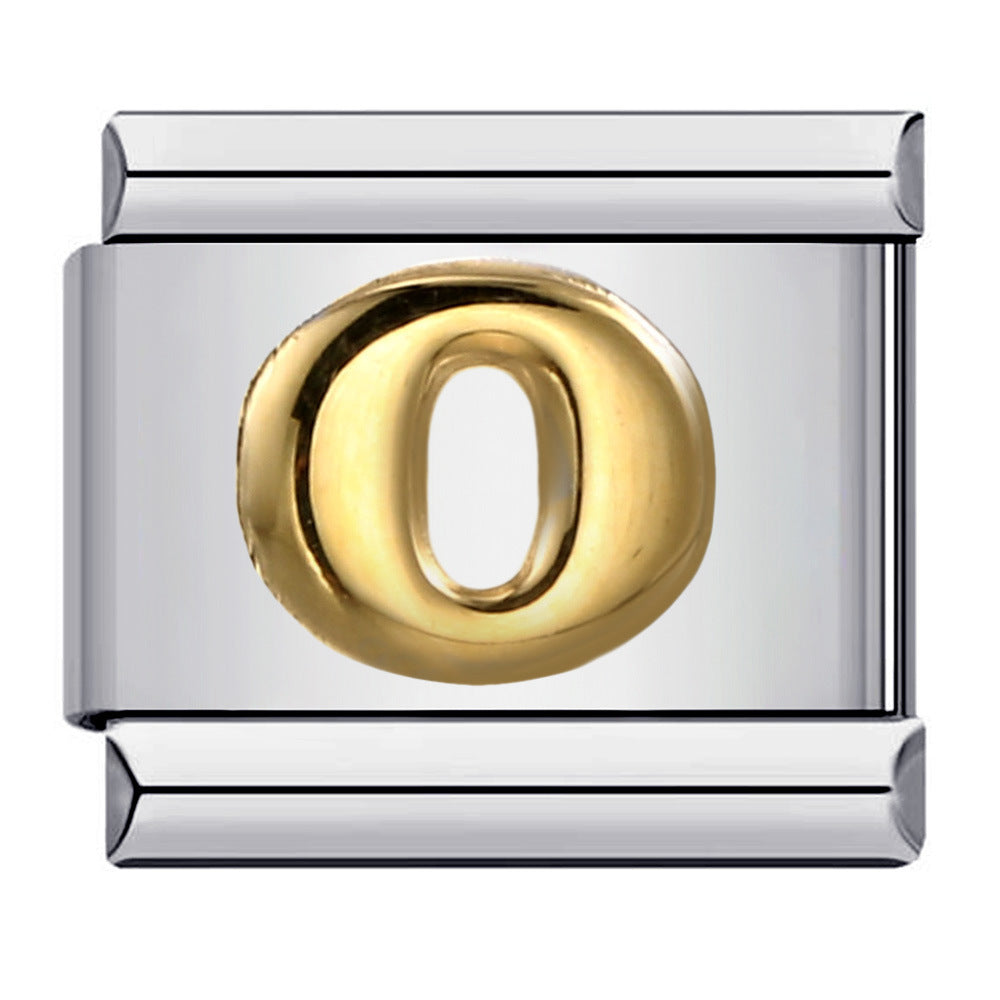 Gold '0' charm on a silver background