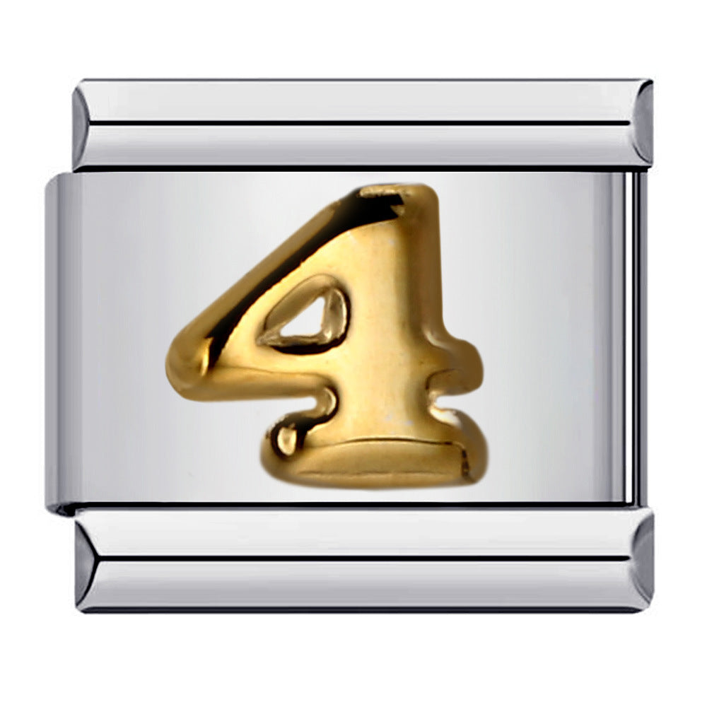 Silver charm with a gold number '4'