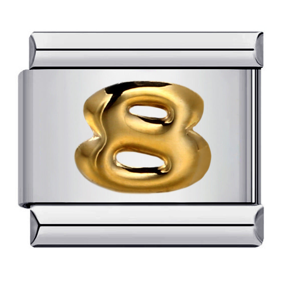 Gold number 8 charm on a silver background
