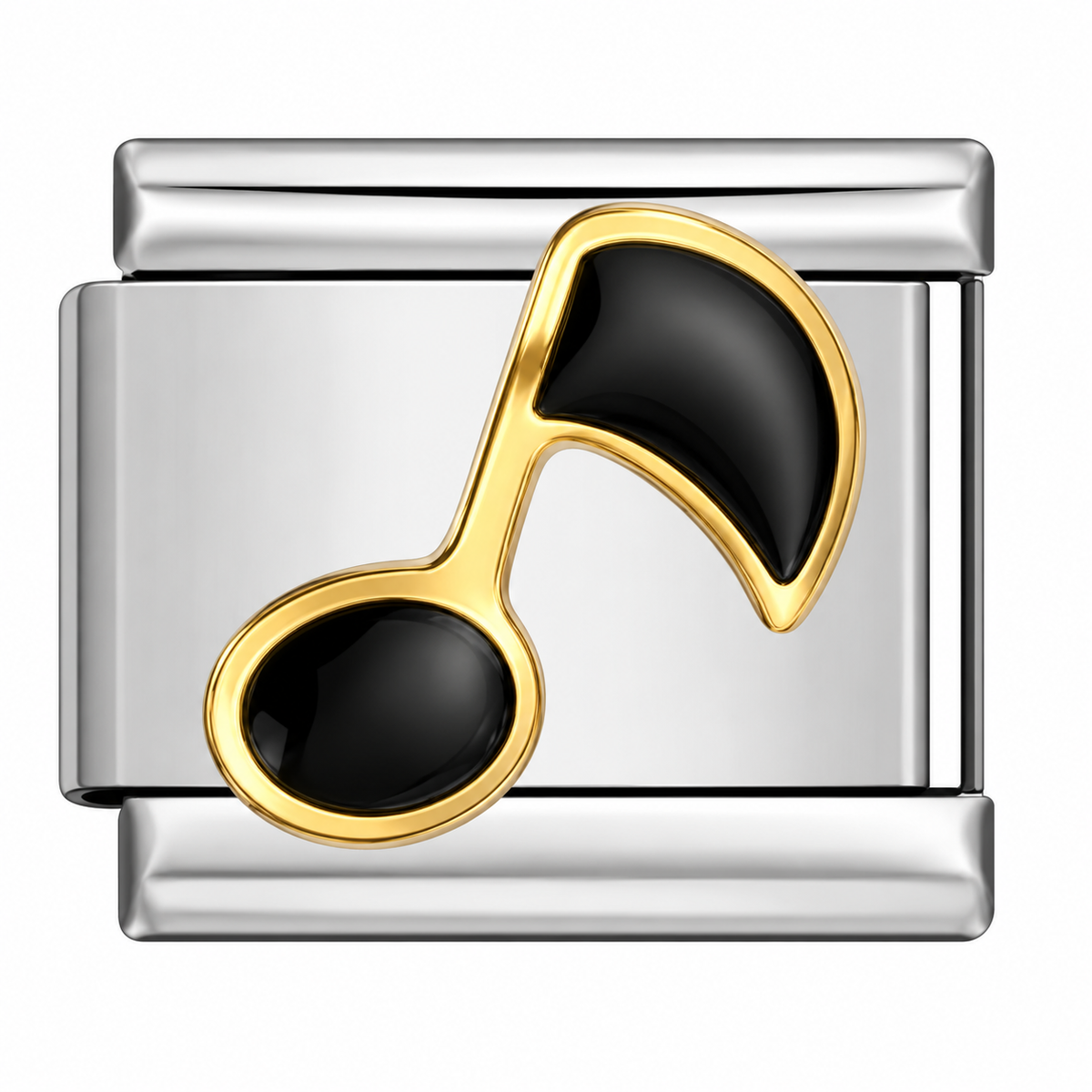 A music note charm link with a gold-plated outline and black center, set against a silver-toned rectangular metal charm