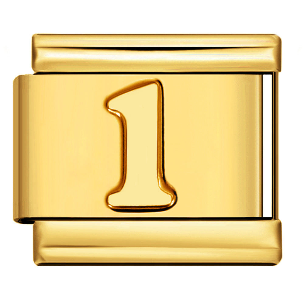 A polished gold-toned metal charm link featuring an embossed numeral '1' in the center