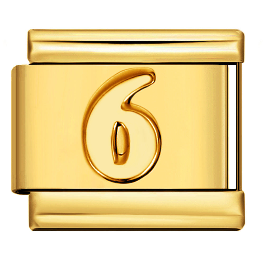 A polished gold Italian charm link featuring a raised number 6 on the front