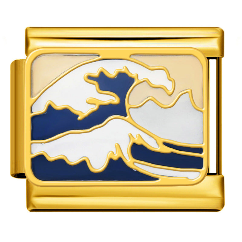 Gold Ocean Waves Italian Charm featuring stylized navy blue and white ocean waves with gold outlines on a rectangular gold charm link.