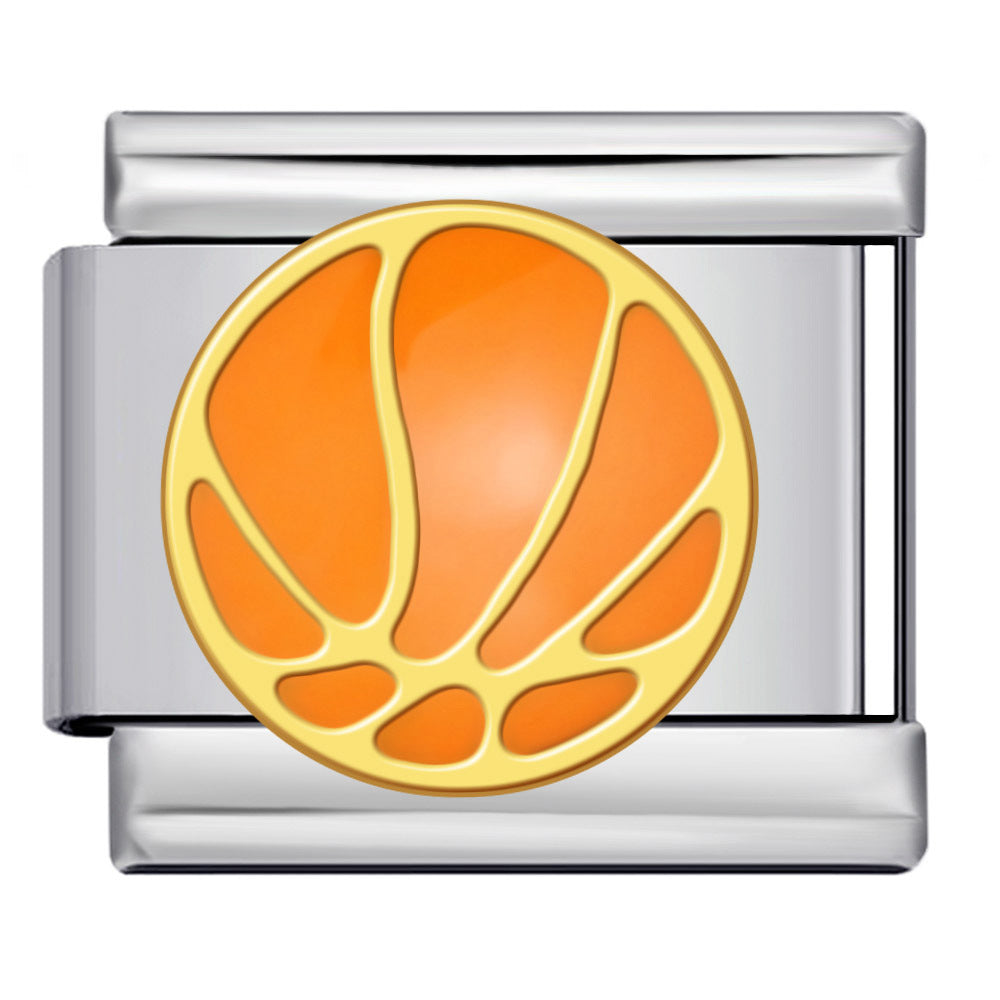 Silver-toned Italian charm link with an orange basketball with a gold outline and details