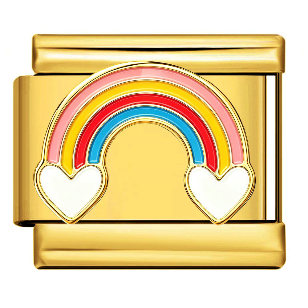 Gold charm with a rainbow and heart design