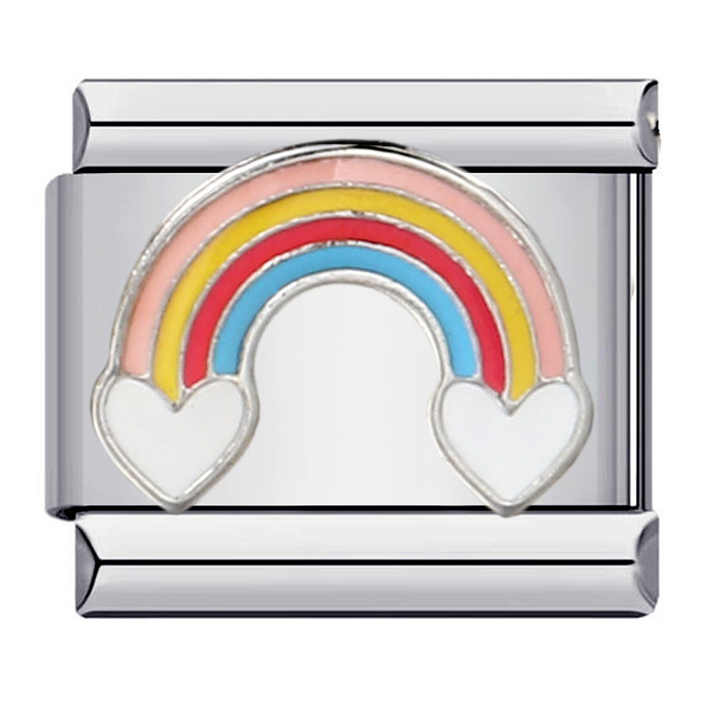 Silver charm with a rainbow and heart design