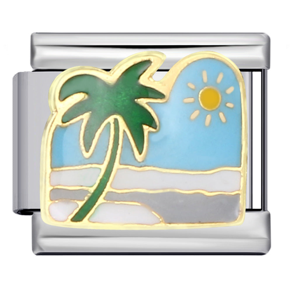 silver-toned Italian Charm featuring a tropical green palm tree, sunny sky, and ocean view