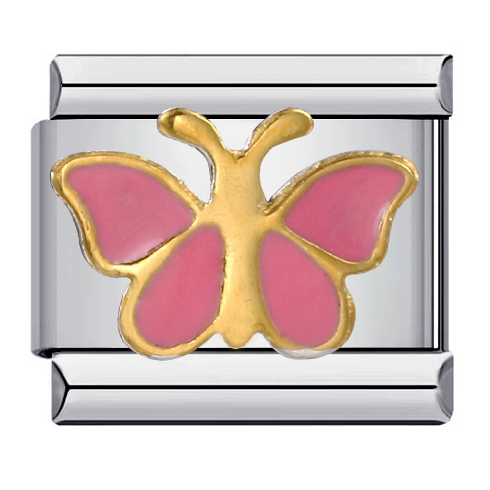 Silver-toned Italian charm link with a pink butterfly outlined in gold with a gold body