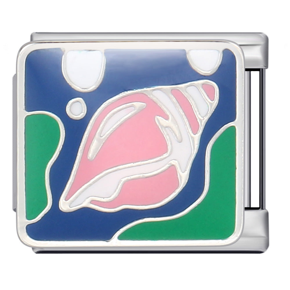 Silver-toned Italian charm link with a bright pink conch shell surrounded by deep blue water and green details