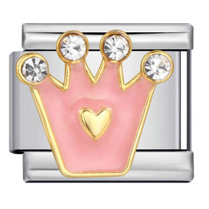 Silver-toned Italian charm with a pink crown with a gold heart and clear crystal details, outlined in gold