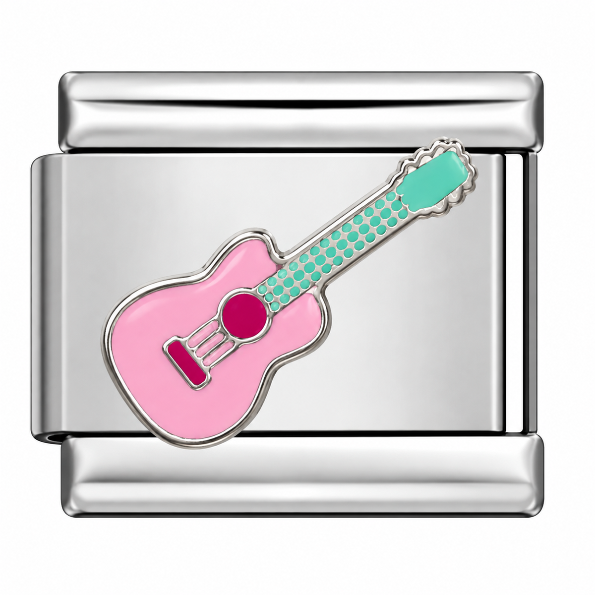 A silver-toned Italian charm link featuring an enamel guitar with a pink body, mint green fretboard, and magenta soundhole.