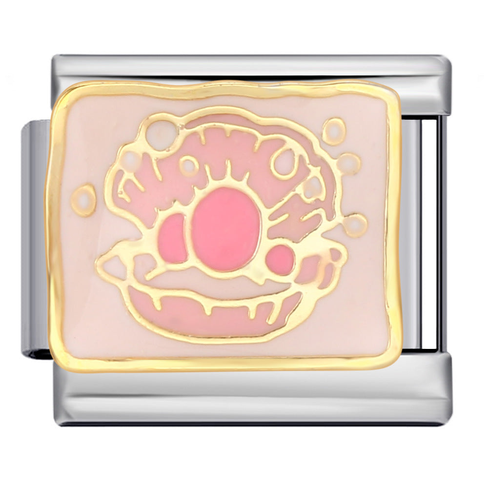 Silver-toned Italian charm link with a pink oyster shell design with gold details on a soft blush background