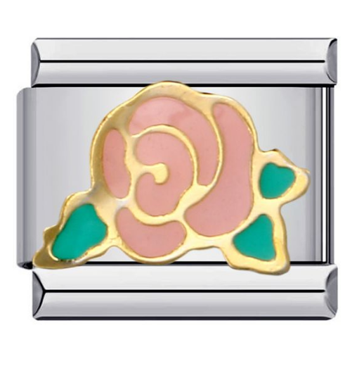 A rectangular silver-toned metal charm link featuring a stylized rose motif with pink enamel, gold-tone outlines, and small turquoise accents, shown on a plain white background.