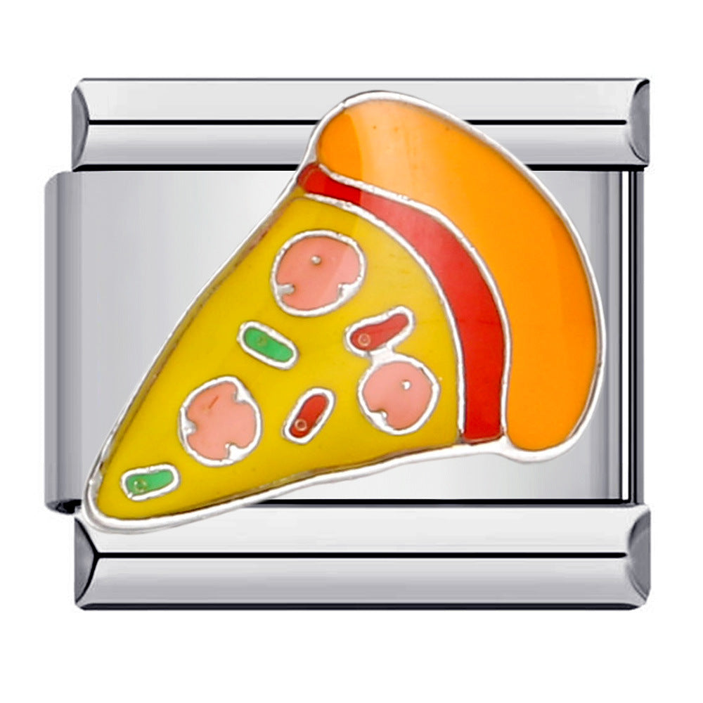 Pizza-shaped charm with colorful toppings on a silver base
