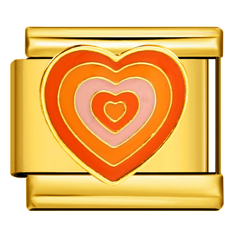 Gold-toned Italian charm link with  layers of colorful hearts in shades of red, orange, and pink 