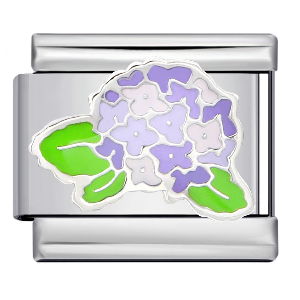 Silver-toned Italian charm with a purple hydrangea flower with green leaves