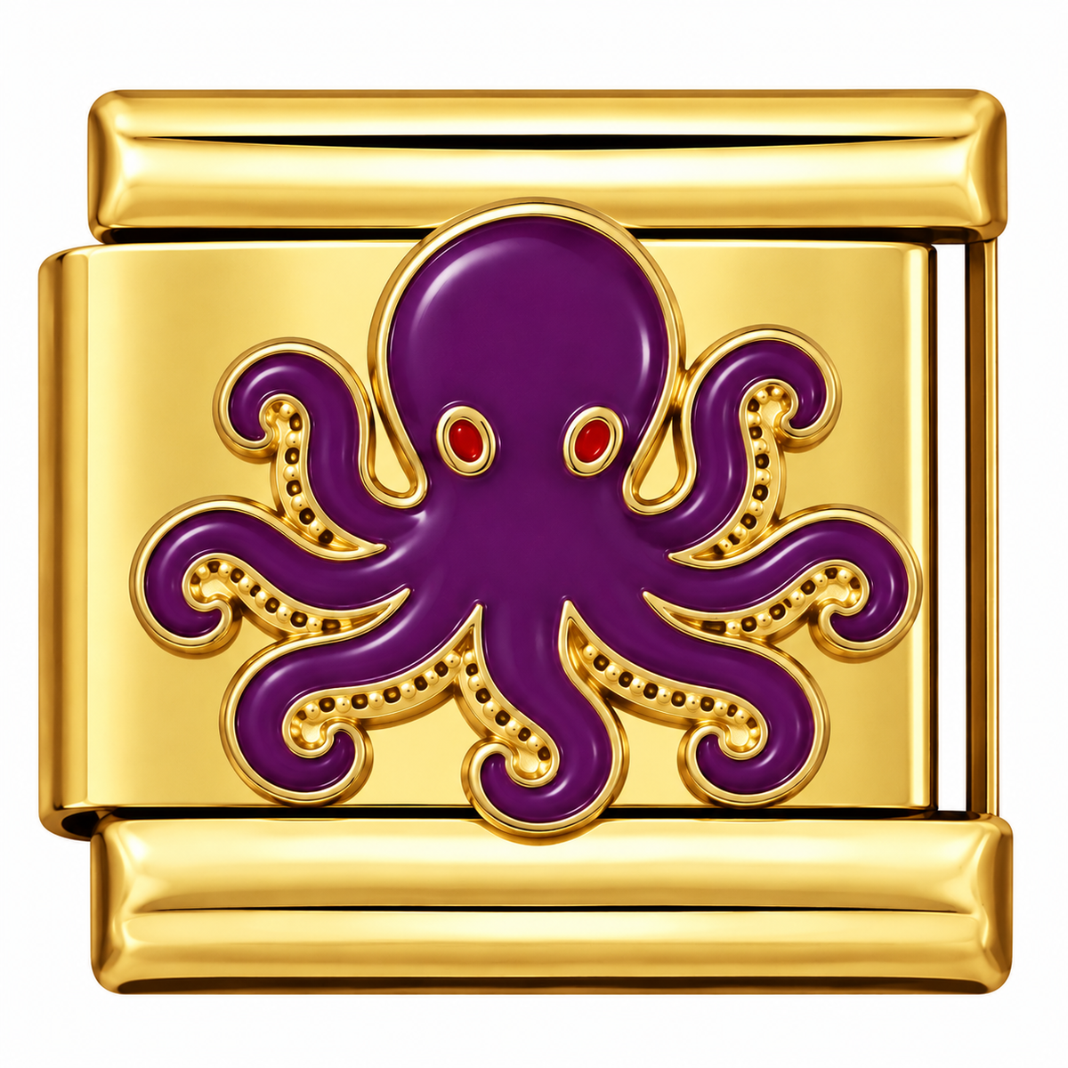 Gold-toned Italian charm with a purple octopus with bright red eyes