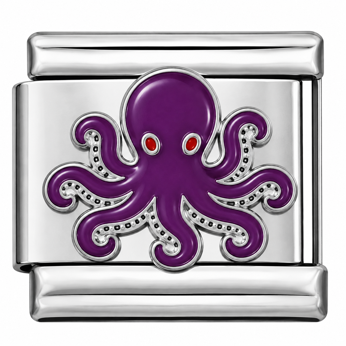 Silver-toned Italian charm with a purple octopus with bright red eyes