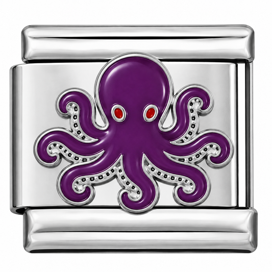 Silver-toned Italian charm with a purple octopus with bright red eyes