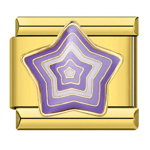 A gold-toned rectangular charm link featuring a central five-pointed star design with concentric purple, lavender, and white enamel layers.