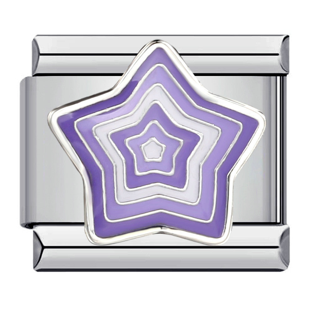 A silver-toned Italian charm link featuring a concentric star design with purple and lavender enamel fills