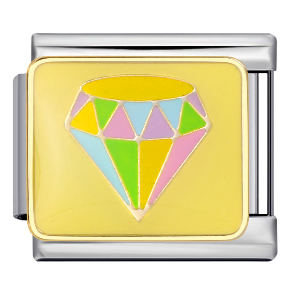 Silver-toned Italian charm with a bright multicolor diamond design against a sunny yellow background
