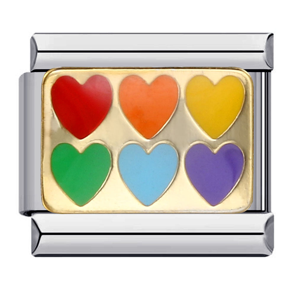 A rectangular Italian charm link with a gold-toned face and six colorful heart charms in red, orange, yellow, green, light blue, and purple, set against a plain gold background.
