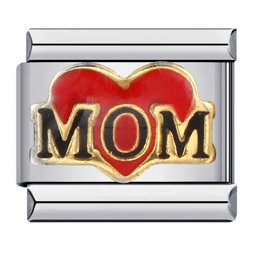 Silver charm with a red heart and 'MOM' text