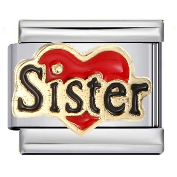 A rectangular Italian charm link with a polished silver-tone metal body, featuring a front emblem with a red heart outline, gold-toned lettering, and the word 'Sister' in black.