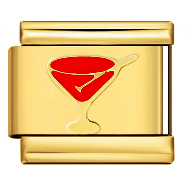 A gold-toned Italian money clip featuring a red enamel martini glass design on the front