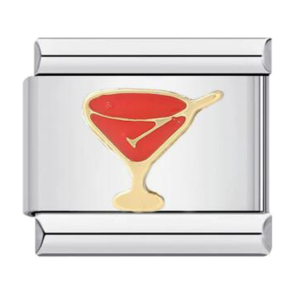 A silver-toned rectangular charm link featuring a gold and red enamel martini glass design in the center