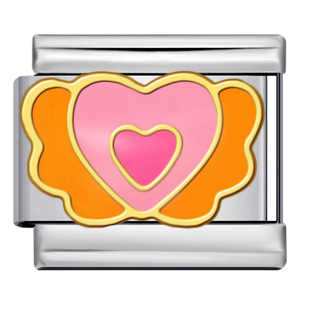 Silver-toned Italian charm link with layered pink hearts surrounded by bold orange details and a gold outline