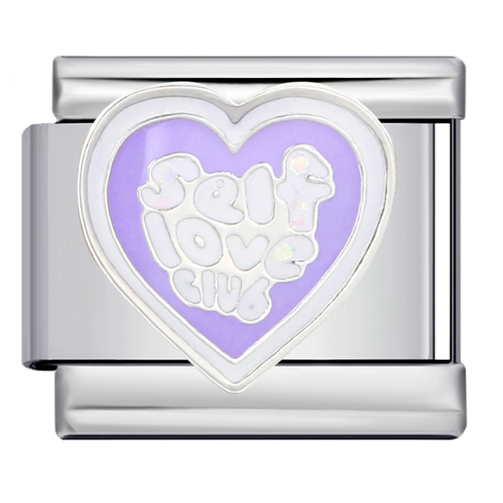 A silver-toned Italian charm link featuring a heart-shaped center with a lavender purple background and the words 'self love club' in raised white bubble letters.