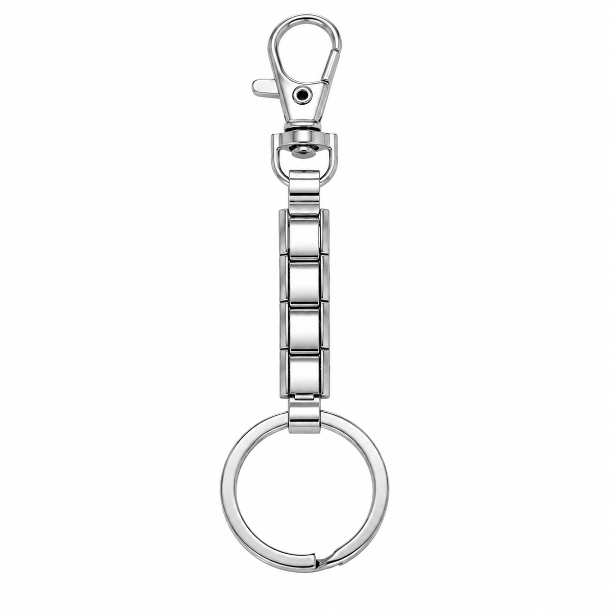 A silver stainless steel keychain featuring a lobster clasp, a multi-link chain, and a split key ring, shown against a plain white background.