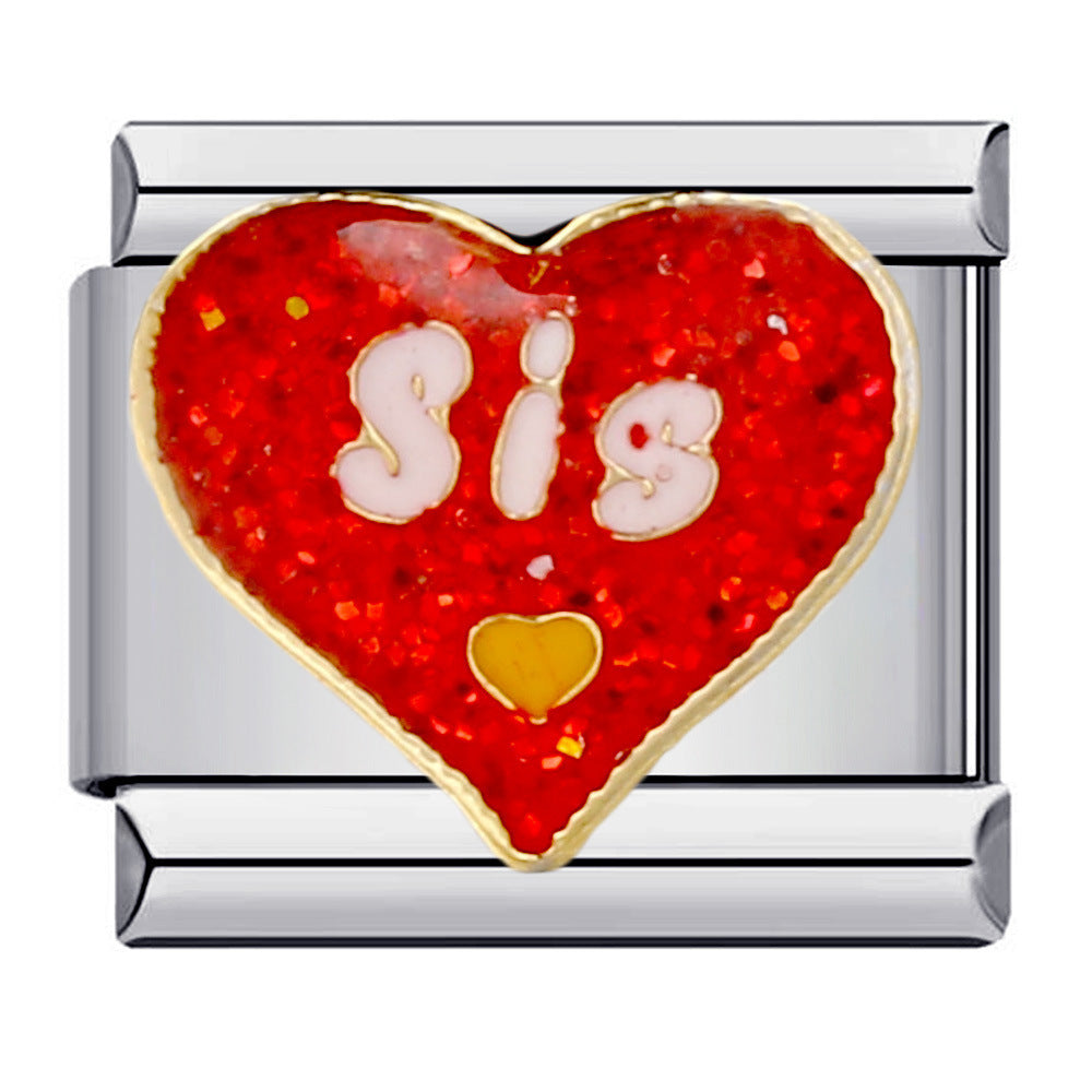Heart-shaped charm with 'Sis' and a yellow heart on a red background, mounted on a silver italian charm.