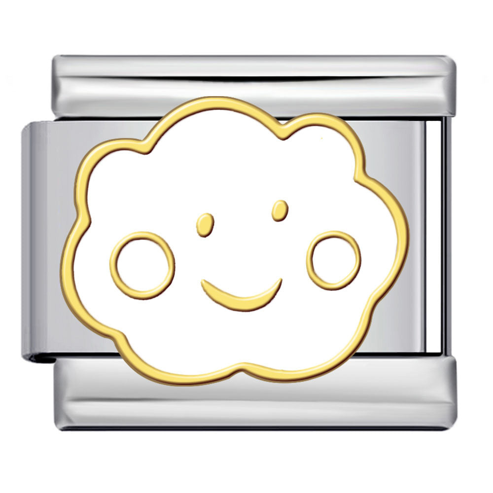 Silver-toned Italian Charm link with a white fluffy cloud with a gold smiley face on it with a gold outline