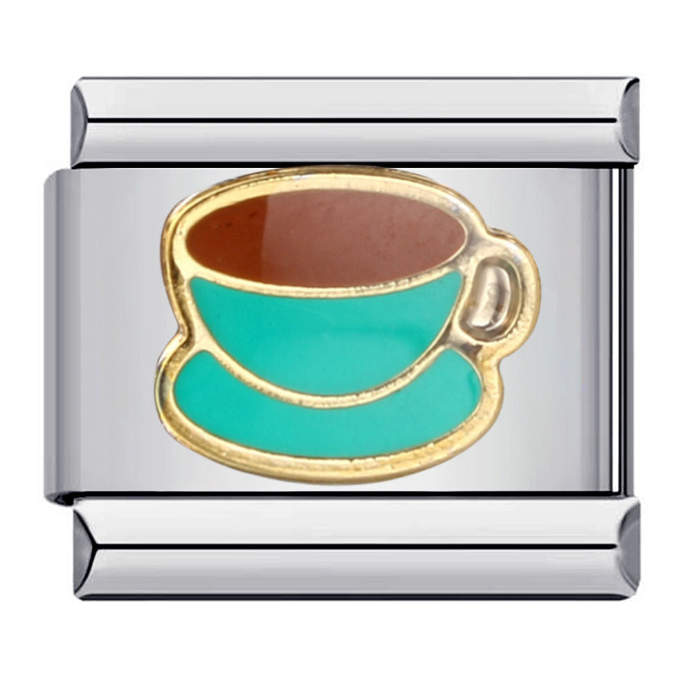 Silver-toned charm link with a teal coffee cup on a teal saucer plate with coffee inside of the cup.
