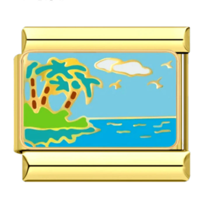 Gold Tropical Paradise Italian Charm featuring green palm trees, turquoise ocean water, blue sky, white clouds, and flying birds.