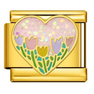 Gold Tulip Field Glitter Heart Italian Charm featuring pink and purple tulips with green stems beneath a sparkling pink glitter background.