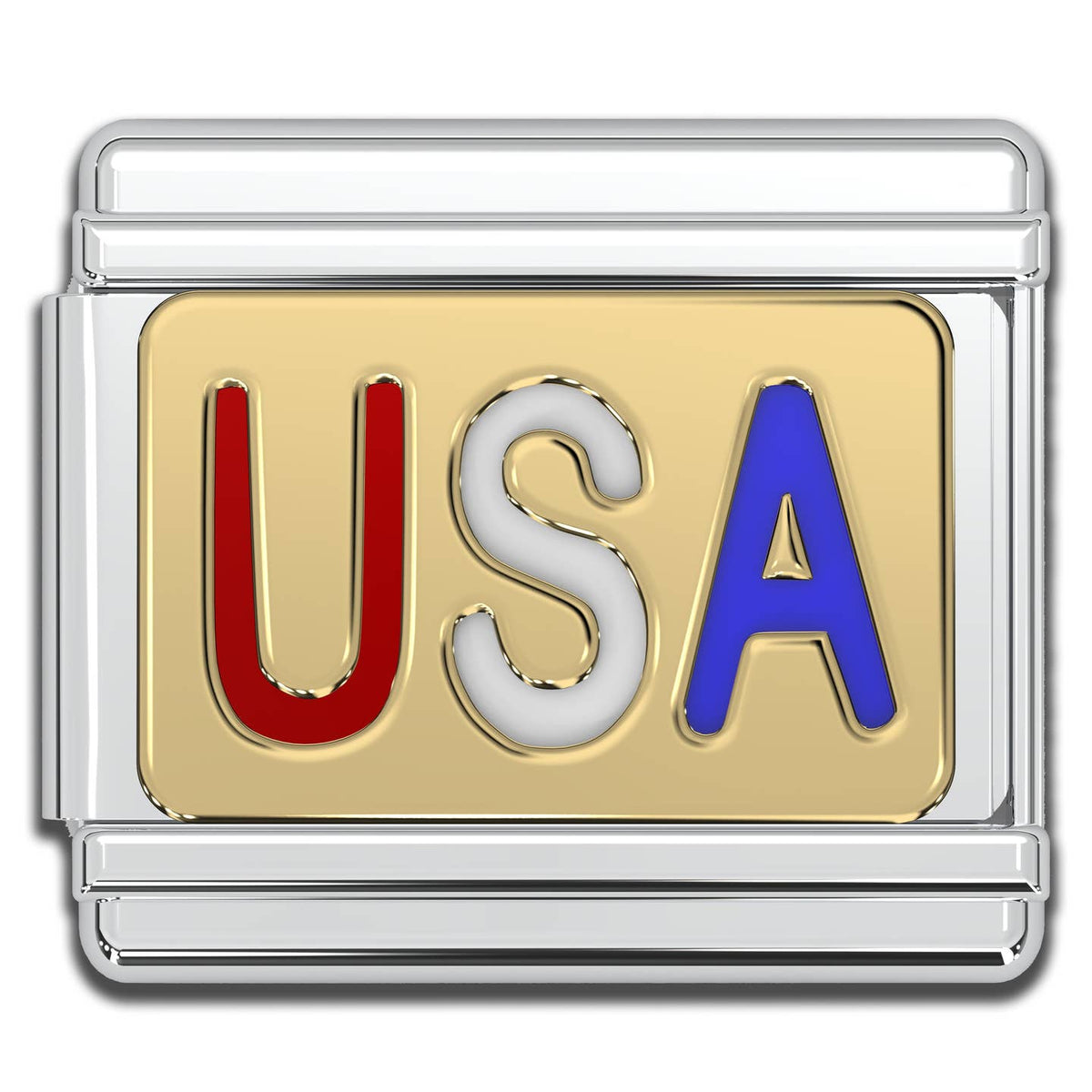 A rectangular charm link in a polished silver-toned metal featuring the letters 'USA' in red, white, and blue, on a plain gold background.