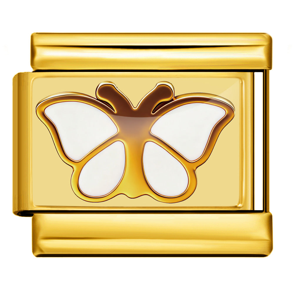 Gold White Butterfly Italian Charm featuring a white enamel butterfly with four rounded wings and polished gold outlines on a gold Italian charm link.