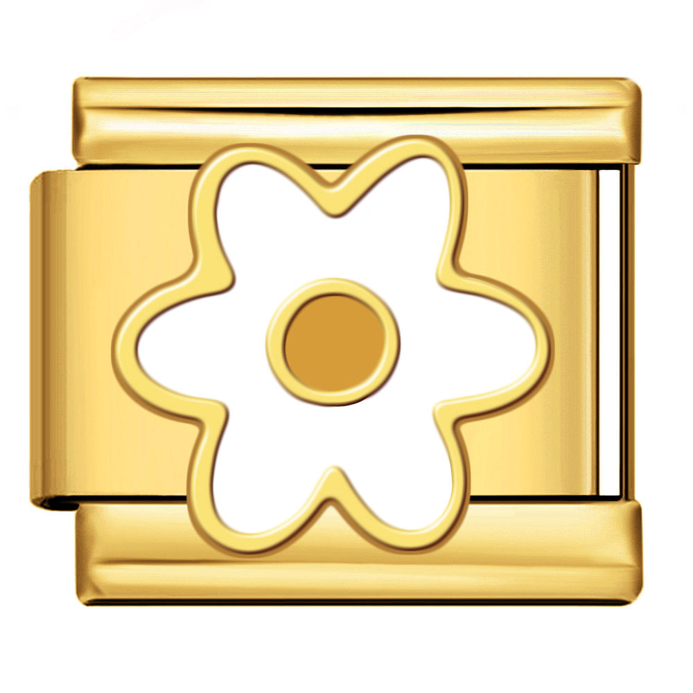 Gold White Daisy Italian Charm featuring a large white enamel flower with six rounded petals, a golden center, and gold outlines.