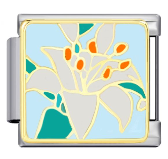 A square silver-toned metal charm link featuring a lily floral design with light blue, gray, teal green, and orange enamel details, outlined in gold-toned metal.