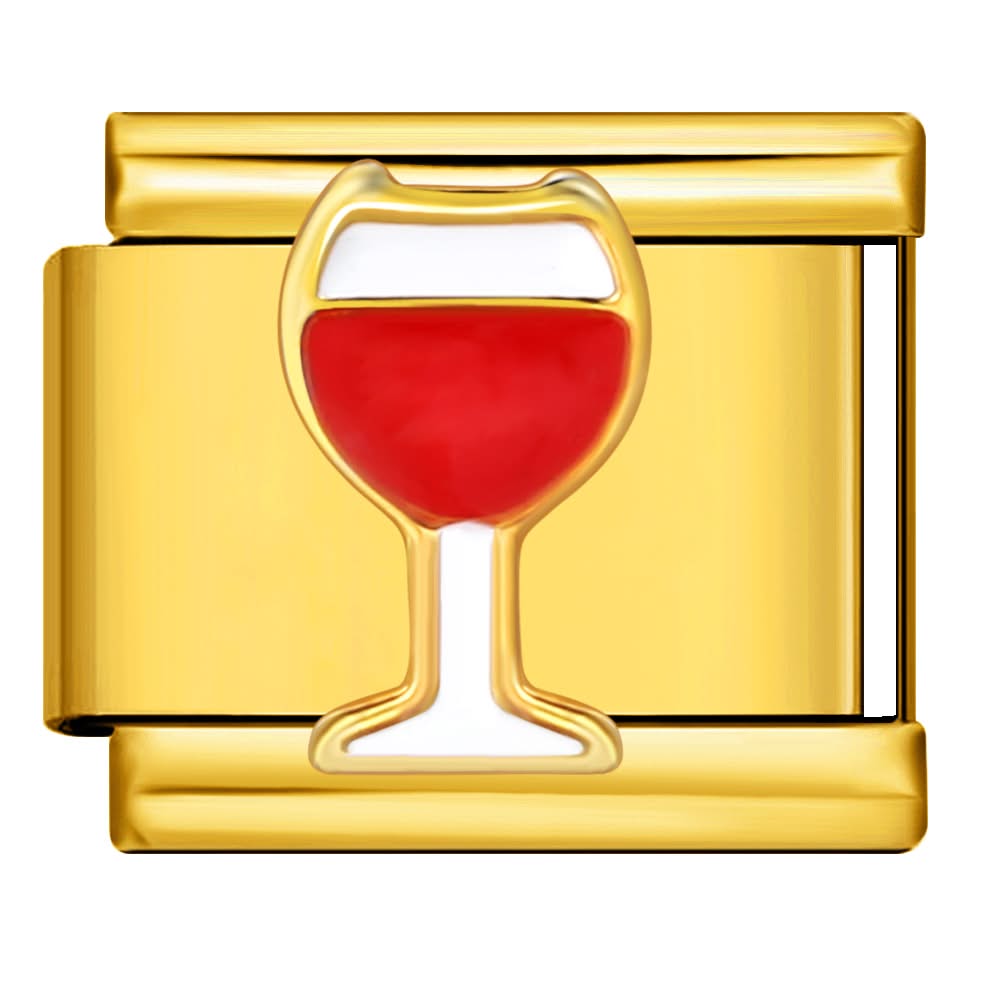 White wine glass with red wine with a gold outline on a gold-toned Italian charm link