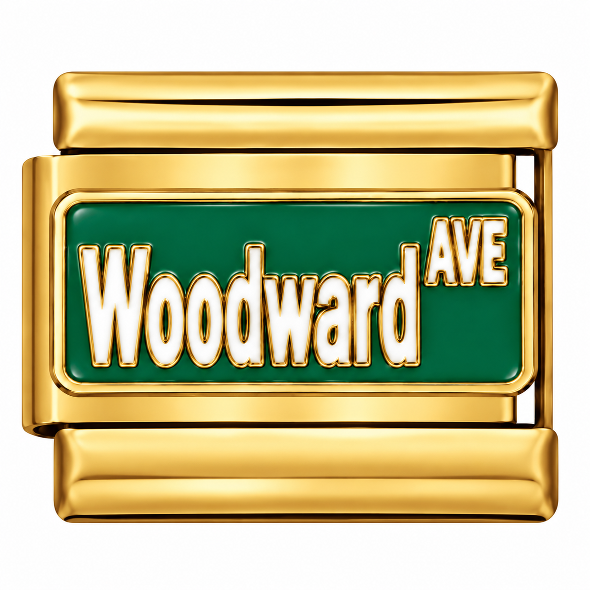 Gold-toned Italian charm link with a green street sign that says 'Woodward Ave' in white letters
