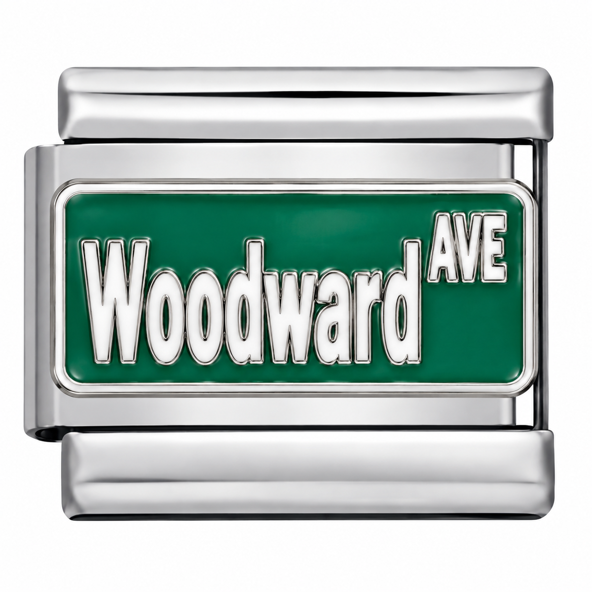 Silver-toned Italian charm link with a green street sign that says 'Woodward Ave' in white letters